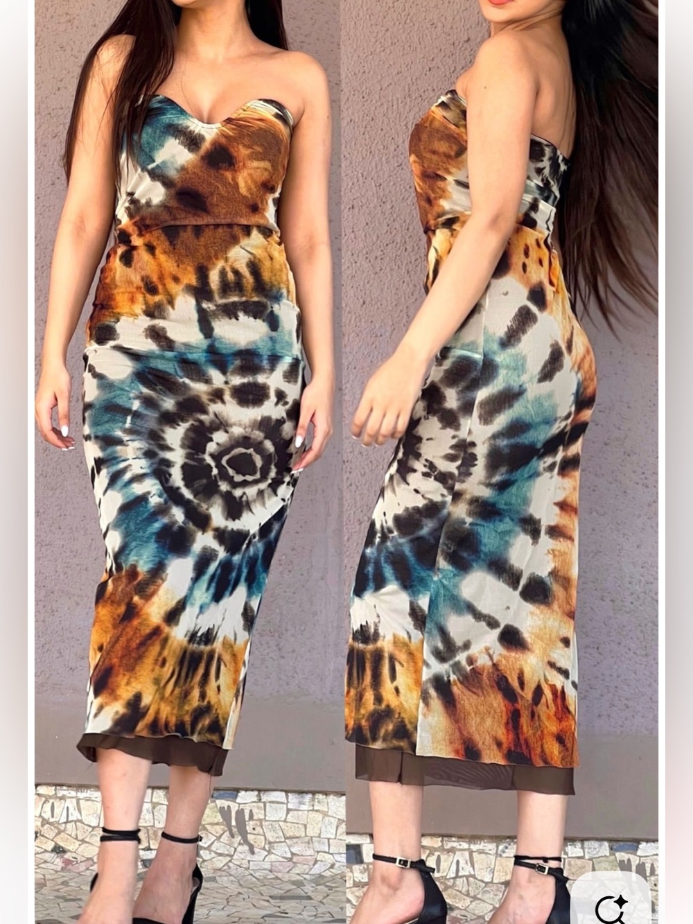 Zara Strapless Tie-Dye Midi Dress in Blue, Brown, Black, White